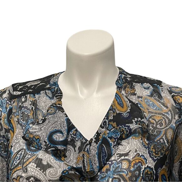 FIGUEROA & Flower V-Neck Ruffle Detail Paisley Print Sheer Blouse Top M - Picture 5 of 9